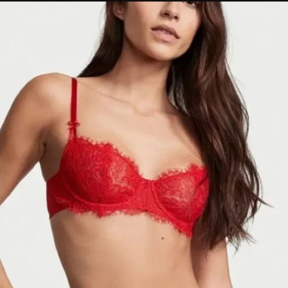 RARE!!! Victoria's Secret Lipstick Red Chantilly Lace Unlined Demi Bra, 34D - Picture 5 of 5